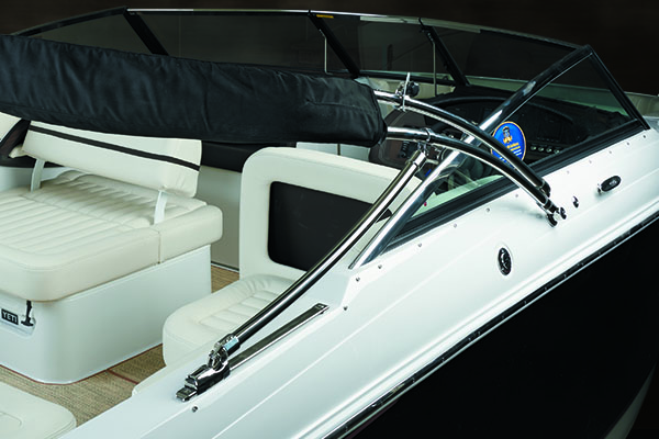 Easy fold hardware allows simple and quick lowering of stowed bimini top.
