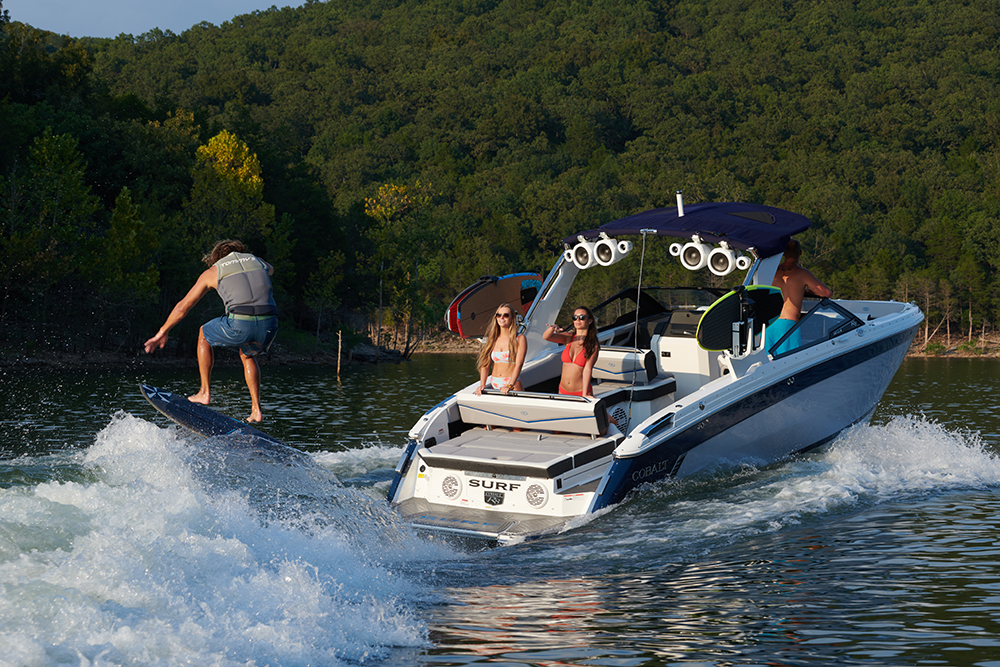 Person surfing behind a Cobalt R8 Surf